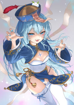 1girl absurdres alternate_costume blue_eyes blue_hair blue_hat blue_nails blue_panties breasts claw_pose commentary_request commission fangs genjitsu_pirika h.live hair_between_eyes hands_up hat highres jiangshi_costume long_hair long_sleeves looking_at_viewer luna_neige ofuda ofuda_on_head open_mouth panties pelvic_curtain pixiv_commission qingdai_guanmao side-tie_panties small_breasts smile solo thighhighs tongue tongue_out underwear virtual_youtuber white_thighhighs wide_sleeves