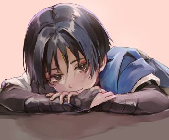 1boy arm_rest armor black_bridal_gauntlets black_eyes black_hair blue_cape blunt_ends bridal_gauntlets cape closed_mouth eyeliner eyeshadow fingernails genshin_impact gold gold_ring hand_on_own_arm head_rest itogens japanese_armor kote kurokote looking_at_viewer makeup male_focus middle_ring red_eyeliner red_eyeshadow scaramouche_(genshin_impact) short_sleeves smile solo tsurime wanderer_(genshin_impact) white_sleeves wispy_bangs