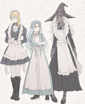 3girls absurdres apron black_dress black_skin blindfold_mask blonde_hair blue_eyes blue_hair boots braid colored_eyelashes colored_skin crossed_arms dress duchess_(elden_ring) elden_ring elden_ring_nightreign frilled_apron frills full_body hat highres knee_boots long_hair looking_at_another low_twin_braids maid maid_apron maid_headdress mask multiple_girls nimono_yoru puffy_sleeves recluse_(elden_ring) revenant_(elden_ring) standing twin_braids waist_apron white_apron white_eyelashes white_hair witch_hat