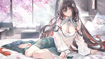 1girl aether_gazer artist_request barefoot black_hair breasts brown_eyes cherry_blossoms cleavage colored_inner_hair copyright_name falling_petals flower hair_between_eyes hair_flower hair_ornament highres lingguang_(aether_gazer) long_hair multicolored_hair official_art on_bed parted_lips petals pillow purple_flower solo tassel white_flower wooden_floor