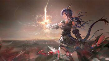 Rule 34 | 1girl, arknights, arm at side, artist request, bare shoulders, blue hair, ch'en (arknights), ch'en the dawnstreak (arknights), closed eyes, closed mouth, cowboy shot, detached sleeves, dragon tail, eastern dragon tail, energy weapon, facing to the side, floating clothes, floating hair, game cg, glowing, glowing weapon, hand up, highres, holding, holding weapon, horns, official art, profile, sheath, shorts, sidelighting, solo, tail, third-party source, variant set, weapon