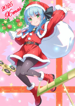 1girl absurdres arm_up asaba_touka bell belt black_belt black_pantyhose blue_hair blunt_bangs blush boots capelet christmas christmas_ornaments closed_mouth dress full_body fur-trimmed_boots fur-trimmed_capelet fur-trimmed_dress fur_trim green_eyes hat heaven_burns_red highres holding holding_sack holly long_hair long_sleeves looking_at_viewer medium_hair merry_christmas pantyhose red_dress ribbon rumi_(heaven_burns_red) sack santa_costume santa_hat smile solo torn_clothes torn_pantyhose v-shaped_eyebrows wreath