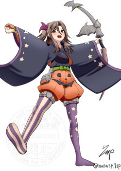 Rule 34 | 1girl, adapted weapon, asymmetrical legwear, bat wings, black kimono, bow (weapon), brown eyes, brown hair, full body, hair between eyes, hakama, hakama shorts, halloween costume, high ponytail, highres, japanese clothes, kantai collection, kimono, mismatched legwear, mismatched thighhighs, muneate, nanasp 7sp, official alternate costume, orange shorts, ponytail, pumpkin shorts, shorts, signature, simple background, solo, twitter username, weapon, white background, wings, zuihou (halloween) (kancolle), zuihou (kancolle)