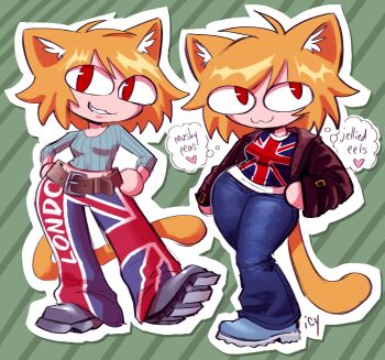 Rule 34 | 2girls, animal ears, artist name, belt, blue sweater, boots, breasts, brown jacket, cat ears, cat girl, cat tail, commentary, denim, dual persona, english commentary, english text, fang, flushed away, full body, green background, grin, hand on own hip, hands on own hips, highres, iseenudepeople, jacket, jeans, melty blood, midriff, multiple girls, neco-arc, neco spirit, pants, print pants, rita malone, rose tyler, signature, smile, speech bubble, striped background, sweater, tail, thought bubble, tsukihime, tsukihime (remake), union jack, union jack print, wide hips