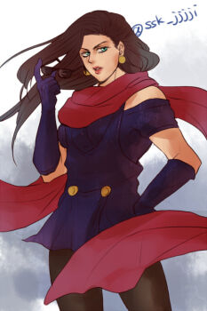 1girl aqua_eyes brown_hair earrings elbow_gloves female_focus gloves holding holding_removed_eyewear jewelry jojo_no_kimyou_na_bouken lipstick lisa_lisa long_hair makeup off_shoulder pantyhose purple_gloves red_lips red_scarf scarf solo sunglasses suzutake_nameroo twitter_username unworn_eyewear