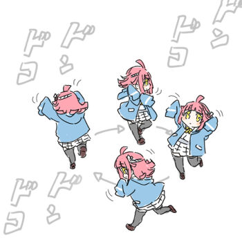 1girl ahoge arrow_(symbol) black_thighhighs blue_jacket brown_shoes commentary_request deformed jacket kishimen_hair loafers long_sleeves love_live! love_live!_nijigasaki_high_school_idol_club miniskirt multiple_views nejiri_hachimaki nijigasaki_school_uniform open_clothes open_jacket pink_hair pleated_skirt school_uniform shinanoya_(satanicad) shirt shoes simple_background skirt sleeves_past_fingers sleeves_past_wrists sound_effects tennoji_rina thighhighs white_background white_shirt white_skirt yellow_eyes zettai_ryouiki