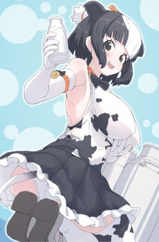 1girl animal_ears animal_print armpits black_eyes black_hair blue_background bottle commentary_request cow_ears cow_girl cow_print cow_tail elbow_gloves extra_ears gloves highres holstein_friesian_cattle_(kemono_friends) kemono_friends looking_at_viewer lowlandgorilla milk milk_bottle multicolored_hair neck_ribbon panties ribbon shirt shoes short_hair simple_background skirt sleeveless sleeveless_shirt solo tail thighhighs two-tone_hair underwear white_hair