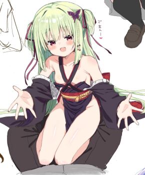 1girl :d armpit_crease back_bow bare_legs bare_shoulders barefoot black_kimono black_sleeves blunt_bangs blunt_ends blush blush_stickers bow breasts butterfly_hair_ornament collarbone commentary_request criss-cross_halter detached_sleeves dot_nose full_body green_hair groin hair_intakes hair_ornament hair_ribbon half-closed_eyes halterneck happy heart highres hime_cut incoming_hug japanese_clothes kimono loli long_hair long_sleeves looking_at_viewer murasame_(senren) nipple_slip nipples no_panties open_mouth outstretched_arms outstretched_hand paint_chat_(medium) pom_pom_(clothes) reaching reaching_towards_viewer red_bow red_eyes red_ribbon red_sash ribbon sash senren_banka shiny_skin sidelocks sitting sketch small_breasts smile solo straight_hair takepoison thighs translation_request twintails two_side_up very_long_hair wide_sleeves
