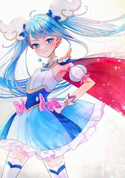 1girl ahoge armpits asymmetrical_bangs blue_cape blue_dress blue_eyes blue_hair blush bow brooch cape closed_mouth colored_petticoat commentary cowboy_shot cure_sky cut_bangs detached_sleeves diagonal_bangs dress dress_bow earrings fingerless_gloves floating_hair frilled_dress frills gloves gradient_hair hair_ornament hand_on_own_hip highres hirogaru_sky!_precure jewelry legs_apart lips long_hair looking_at_viewer machiko_(milk_maciko) magical_girl medium_dress multicolored_dress multicolored_hair petticoat pink_bow pink_hair precure puffy_detached_sleeves puffy_sleeves red_cape simple_background single_bare_shoulder single_earring single_hair_streak single_sidelock sleeveless sleeveless_dress smile solo sora_harewataru sphere_earrings standing streaked_hair thighhighs twintails two-sided_cape two-sided_fabric two-tone_dress two-tone_hair very_long_hair white_background white_dress white_gloves white_thighhighs wing_brooch wing_hair_ornament zettai_ryouiki