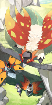 1girl :d absurdres arm_up black_hair black_socks blue_eyes brown_footwear bug collared_shirt commentary_request day eyelashes gen_5_pokemon glasses grass highres insect iron_moth juliana_(pokemon) moth necktie nikuzaiku nintendo no_humans open_mouth outdoors pokemon pokemon_(creature) pokemon_sv round_eyewear shirt shoes shorts slither_wing smile socks standing volcarona