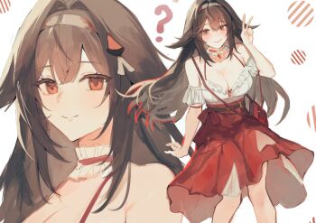 1girl ? animal_ears bare_shoulders breasts brown_eyes brown_hair brown_hairband cleavage commentary english_commentary fox_ears fox_girl hairband large_breasts long_hair looking_at_viewer multiple_views official_alternate_costume red_skirt shirt simple_background skirt smile tomodurien v very_long_hair white_background white_shirt ye_shunguang zenless_zone_zero