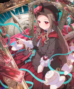 Rule 34 | 1girl, abstract background, absurdres, beret, black bow, black bowtie, black capelet, black hat, black shirt, bow, bowtie, braid, brown hair, capelet, card, center frills, chest jewel, clock, closed mouth, commentary, cup, english commentary, evil neuro-sama, forehead, frills, from above, from side, gem, goth fashion, hair bow, hat, hat bow, highres, holding, holding cup, light blush, long hair, long skirt, long sleeves, making-of available, multiple hat bows, neckerchief, neuro-sama, picture frame, pink bow, plate, playing card, puffy long sleeves, puffy sleeves, red bow, red eyes, red gem, red neckerchief, red skirt, roman numeral, shirt, skirt, solo, teacup, teapot, vedal ai, virtual youtuber, water, white shirt, zuzu ame