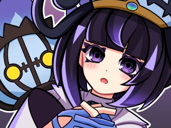 1girl :o ararekisaragi black_hair blue_gloves blunt_bangs blush bob_cut chandelure coat gen_5_pokemon gloves gradient_hair gwynn_(pokemon) hat highres interlocked_fingers long_sleeves looking_at_viewer mega_stone multicolored_hair nintendo open_mouth outline own_hands_together partially_fingerless_gloves pokemon pokemon_(creature) pokemon_legends:_z-a purple_eyes purple_hair short_hair upper_body white_coat white_outline