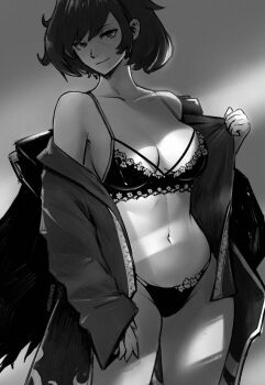Rule 34 | 1girl, bra, breasts, cleavage, coat, commentary, commission, contrapposto, english commentary, greyscale, lace, lace-trimmed bra, lace trim, large breasts, miss faves, monochrome, navel, original, panties, shade, sleeves past wrists, smile, solo, underwear