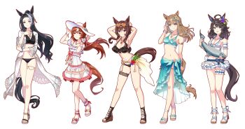 5girls absurdres ahoge almond_eye_(umamusume) alternate_costume alternate_hairstyle animal_ears armpits arms_behind_back arms_behind_head arms_up bails bare_legs bikini black_bikini black_hair blue_eyes blunt_bangs blush braid braided_hair_rings breasts brown_hair chain cleavage collarbone cosplay daring_tact_(umamusume) ear_ornament eishin_flash_(reines_plaetschern)_(umamusume) eishin_flash_(umamusume) eishin_flash_(umamusume)_(cosplay) eyewear_on_head fish flower frilled_thigh_strap frills full_body gentildonna_(umamusume) hair_between_eyes hair_flower hair_ornament hair_rings hairclip hat heart heart-shaped_eyewear highres holding horse_ears horse_girl horse_tail jewelry large_breasts long_hair looking_at_viewer maruzensky_(hot_summer_night)_(umamusume) maruzensky_(umamusume) maruzensky_(umamusume)_(cosplay) medium_breasts mejiro_mcqueen_(ripple_fairlady)_(umamusume) mejiro_mcqueen_(umamusume) mejiro_ramonu_(umamusume) multicolored_hair multiple_girls nail_polish navel necklace ponytail red_eyes red_nails ruffle_bikini sandals sarong see-through_clothes silence_suzuka_(emerald_on_the_waves)_(umamusume) silence_suzuka_(umamusume) silence_suzuka_(umamusume)_(cosplay) simple_background small_breasts smile special_week_(hopp'n_happy_heart)_(umamusume) special_week_(umamusume) special_week_(umamusume)_(cosplay) standing standing_on_one_leg star_(symbol) star_hair_ornament still_in_love_(umamusume) stomach streaked_hair sunglasses swimsuit tail thigh_strap toenail_polish toenails triple_tiara_(umamusume) umamusume white-framed_eyewear white_background white_hair