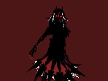 1girl arrow_print blood blood_on_arm bloody_tears commentary cowboy_shot dress english_commentary eyed_silhouette fingernails highres horns kijin_seija long_hair looking_ahead looking_at_viewer multicolored_hair occultonic red_background red_eyes red_hair red_theme sharp_fingernails silhouette simple_background solid_eyes solo streaked_hair touhou white_hair