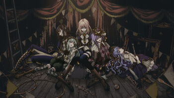 5girls amoris_(bang_dream!) ave_mujica_(bang_dream!) ball bang_dream! bang_dream!_it&#039;s_mygo!!!!! black_boots black_gloves black_hair black_pants black_ribbon blonde_hair blue_hair boots braid brooch brown_boots commentary_request curtains doloris_(bang_dream!) drawing_mannequin elbow_gloves empty_eyes expressionless full_body gloves green_hair green_thighhighs hachibousei_dance_(bang_dream!) hair_ribbon hat highres hoop horokenmo hula_hoop indoors jester_cap jewelry knee_boots ladder long_hair long_sleeves looking_down looking_to_the_side lying lying_on_person mannequin medium_hair misumi_uika mortis_(bang_dream!) multiple_girls neck_ribbon oblivionis_(bang_dream!) official_alternate_costume official_art on_back open_mouth pants picture_frame purple_eyes purple_hair ribbon short_hair sitting smile string_of_flags thighhighs timoris_(bang_dream!) togawa_sakiko wakaba_mutsumi white_ribbon wooden_floor yahata_umiri yellow_eyes yuutenji_nyamu