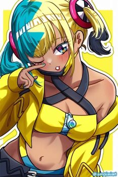 1girl amaimi aqua_hair bandeau belt black_mask black_pants blonde_hair blue_eyes blue_pants breasts canari_(pokemon) center-flap_bangs cleavage commentary_request criss-cross_straps dark-skinned_female dark_skin jacket looking_at_viewer mask mask_pull medium_breasts mega_ring mega_stone midriff mouth_mask multicolored_hair navel nintendo pants pokemon pokemon_legends:_z-a short_twintails solo split-color_hair sports_bra stomach twintails twitter_username two-tone_hair two-tone_mask two-tone_pants yellow_bandeau yellow_jacket yellow_mask yellow_sports_bra