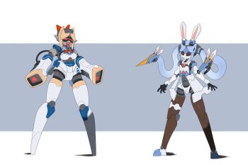 2girls :d arm_cannon arms_at_sides assault_visor black_sclera closed_mouth colored_sclera commentary deevious_deevi dual_arm_cannons english_commentary full_body highres hololive joints looking_at_viewer mechanical_ears mechanical_hair mechanization multiple_girls no_feet open_hands open_mouth prehensile_hair robot_girl robot_joints shadow shiranui_flare shiranui_flare_(1st_costume) simple_background smile standing usada_pekora usada_pekora_(1st_costume) virtual_youtuber weapon wire