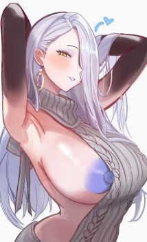 0nineo9 1girl absurdres armpits arms_behind_head arms_up bare_shoulders blue_lips blue_nipples blush breasts colored_nipples commentary dress earrings english_commentary eyeliner fate/grand_order fate_(series) grey_hair grey_sweater hair_over_one_eye highres hoop_earrings jewelry large_breasts long_hair looking_at_viewer makeup mrs._snake_(fate) nipples one_breast_out parted_lips presenting_armpit sideboob smile solo sweat sweater sweater_dress turtleneck turtleneck_sweater very_long_hair virgin_killer_sweater yellow_eyes