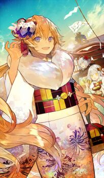 1boy 3girls ahoge aqua_kimono blonde_hair blue_eyes blue_sky bow bowl capelet chopsticks chrysanthemum_print cloud commentary cowboy_shot dutch_angle fate/grand_order fate_(series) flag floral_print floral_print_kimono flower flower_request food fur_collar gilles_de_rais_(caster)_(fate) gilles_de_rais_(fate) hair_bow hair_flower hair_ornament hatsumoude holding holding_bowl holding_chopsticks holding_flag japanese_clothes jeanne_d&#039;arc_(fate) jeanne_d&#039;arc_(new_beginning)_(fate) jeanne_d&#039;arc_(ruler)_(fate) jeanne_d&#039;arc_alter_(avenger)_(fate) jeanne_d&#039;arc_alter_(fate) jeanne_d&#039;arc_alter_(new_beginning)_(fate) jeanne_d&#039;arc_alter_santa_lily_(fate) jeanne_d&#039;arc_alter_santa_lily_(new_beginning)_(fate) kimono long_hair long_sleeves multiple_girls multiple_persona new_year nozaki_tsubata obi official_art open_mouth print_kimono print_sash sash sidelocks sky smile solo_focus sunlight third-party_source very_long_hair white_capelet white_hair wide_sleeves yellow_eyes