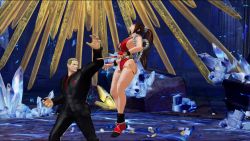 1boy 1girl 3d animated ass bare_legs bouncing_breasts breasts character_request cleavage geese_howard highleg highleg_leotard huge_ass large_breasts leotard leotard_under_clothes lying moaning pain ryona shiranui_mai snk sound the_king_of_fighters the_king_of_fighters_xv third-party_edit video wide_hips