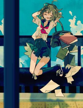 1girl arms_up bag black_shoes blue_bag blue_sailor_collar blue_skirt blue_sky blue_socks book closed_eyes commentary_request day full_body green_hair imminent_suicide navel neckerchief open_mouth original outdoors papers pleated_skirt red_neckerchief sailor_collar school_bag school_uniform serafuku shinjitsu_no_kuchi shirt shoes short_hair short_sleeves skirt sky smile socks solo train train_station_platform white_shirt