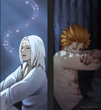 black_pants blood closed_eyes crossed_arms eyeliner facial_mark forehead_mark furrowed_brow highres japanese_clothes juugo_(naruto) kimimaro kimono long_hair makeup multiple_boys muscular muscular_male music naruto_(series) naruto_shippuuden no_shirt on_floor orange_hair pants sad shirt short_hair singing spiked_hair split_screen suika_suigetsu white_hair white_shirt