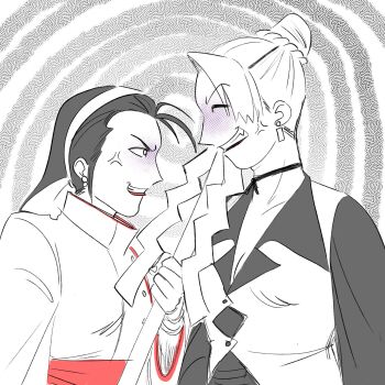 2girls black_hair dress earrings formal_clothes hairband jewelry kagura_chizuru long_hair mature_(kof) multiple_girls pale_skin smile suit the_king_of_fighters velvetcobalt