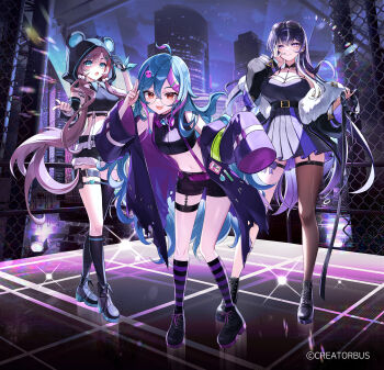 Rule 34 | 3girls, ahoge, animal ears, asymmetrical legwear, bare shoulders, bear ears, belt, black boots, black coat, black dress, black shirt, black shoes, black shorts, black thighhighs, blue eyes, blue hair, boots, bow, bowtie, breasts, brown hair, brown thighhighs, building, coat, collared shirt, crop top, detached sleeves, dress, eyewear on head, fake animal ears, feather boa, fur-trimmed shorts, fur trim, glasses, hair over shoulder, hand on own cheek, hand on own face, hand up, hibiwa, highres, hooded shirt, kneehighs, large breasts, leaning forward, limi (v-lup), long hair, looking at viewer, low twintails, midriff, mole, mole under eye, multicolored hair, multiple girls, noi (v-lup), off shoulder, open mouth, outdoors, pleated dress, purple eyes, purple hair, raz (v-lup), red eyes, round eyewear, shirt, shoes, short shorts, shorts, single detached sleeve, single kneehigh, single sock, single thighhigh, sleeveless, sleeveless shirt, smile, socks, stage lights, streaked hair, striped clothes, striped socks, suspenders, thigh strap, thighhighs, thighs, twintails, two-tone hair, v-lup, very long hair, virtual youtuber