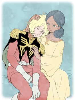 1boy 1girl bindi black_hair blonde_hair char_aznable closed_mouth dark-skinned_female dark_skin double_bun dress green_eyes gundam hair_bun kei-co lalah_sune military military_uniform mobile_suit_gundam short_hair yellow_dress