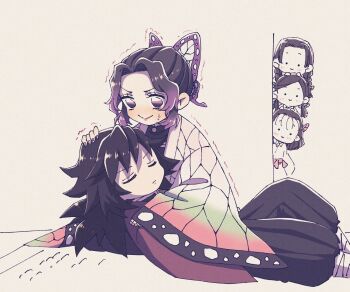 1boy 4girls black_hair blush braid braided_twintails butterfly_hair_ornament closed_eyes commentary_request confettocandy demon_slayer_uniform greyscale hair_bun hair_ornament haori highres japanese_clothes kimetsu_no_yaiba kochou_shinobu long_hair lying monochrome multiple_girls nakahara_sumi purple_eyes purple_hair sidelocks sweatdrop takada_naho terauchi_kiyo tomioka_giyuu trembling twintails wide_sleeves