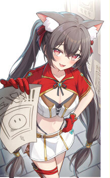 1girl animal_ear_fluff animal_ears belt black_bow black_bra black_ribbon blue_bow blue_bowtie blush bow bowtie bra breasts brown_belt brown_hair bustier cat_ears cleavage collarbone commentary dagger fang furrowed_brow gloves hair_between_eyes hair_ornament hair_ribbon hand_on_own_hip highres holding holding_paper knife light_smile long_hair looking_at_viewer medium_breasts miniskirt navel oridays original panties paper red_eyes red_gloves red_ribbon red_shrug ribbon shrug_(clothing) sidelocks skin_fang skirt smile solo standing string_panties tile_floor tiles twintails underwear very_long_hair weapon white_bustier white_skirt