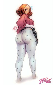 1girl ass clothes_lift female_focus from_behind full_body highres huge_ass leggings lips looking_at_viewer no_shoes okumura_haru persona persona_5 robaato short_hair skirt skirt_lift solo sweater thick_thighs thighs