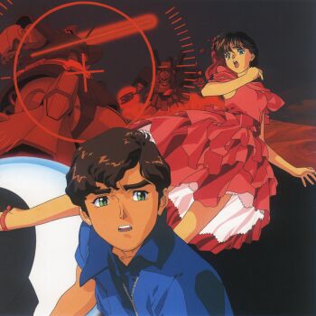 1990s_(style) 1boy 1girl energy_sword brown_hair cover desert_zaku dom_tropen dowadge dress dvd_cover green_eyes gundam gundam_zz heads-up_display heat_hawk highres judau_ashta key_visual kitazume_hiroyuki leina_ashta mecha mobile_suit neo_zeon official_art promotional_art red_dress retro_artstyle robot scan science_fiction screen siblings traditional_media user_interface when_you_see_it zero_gravity