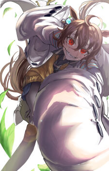 1girl absurdres agnes_tachyon_(umamusume) animal_ears black_necktie black_pantyhose black_shirt brown_hair clenched_teeth coat collared_shirt commentary_request hair_between_eyes hem_peeking_out highres horse_ears horse_girl horse_tail korean_commentary lab_coat leaf long_sleeves necktie open_clothes open_coat pantyhose parted_lips red_eyes shirt shoes short_hair simple_background sleeves_past_fingers sleeves_past_wrists solo sweater tail teeth umamusume white_background white_coat white_shoes wide_sleeves yaho0_0 yellow_sweater