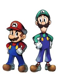 Rule 34 | 2boys, blue overalls, boots, brothers, brown footwear, brown hair, buttons, facial hair, full body, gloves, green hat, green shirt, hands on own hips, hat, highres, looking at another, luigi, mari luijiroh, mario, mario &amp; luigi rpg, mario (series), masanori sato (style), multiple boys, mustache, nintendo, overalls, red hat, red shirt, red socks, shirt, short hair, siblings, simple background, socks, striped clothes, striped socks, two-tone socks, white background, white gloves, white socks