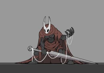1girl alternate_height animated arthropod_girl black_eyes black_skin blank_eyes breasts cloak colored_skin female_focus flat_color full_body furry furry_female grey_background hand_up holding holding_weapon hollow_knight hollow_knight:_silksong hongga hornet_(hollow_knight) leaning_forward legs_apart looping_animation medium_breasts miniskirt needle_(hollow_knight) red_cloak red_skirt simple_background skirt solo standing string tagme video weapon