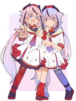 2others :d a.i._voice ankleband asymmetrical_legwear bare_shoulders belt beret black_dress black_horns black_shoes black_shorts black_streaks blue_eyes blue_hair blue_pantyhose blue_socks border buttons closed_mouth commentary double-breasted double-parted_bangs dress flower frilled_shorts frills full_body gradient_hair gradient_necktie hand_on_own_chin hat highres horned_hat horns layered_dress locked_arms long_hair low_ponytail low_twintails meika_hime meika_mikoto multicolored_hair multiple_others necktie nimingduz open_mouth outside_border pantyhose pink_background pink_eyes pink_hair pleated_dress plum_blossoms ponytail puffy_sleeves red_hat red_necktie red_pantyhose red_ribbon red_socks ribbon sailor_collar shoes short_eyebrows shorts shorts_under_dress sidelocks single_leg_pantyhose single_loose_sock smile socks standing streaked_hair symbol-only_commentary thick_eyebrows thigh_belt thigh_strap three-quarter_sleeves twintails two-sided_dress two-sided_fabric v very_long_hair vocaloid white_border white_dress wrist_ribbon