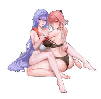 2girls :q absurdres ass bare_shoulders black_bra black_panties blush bra braid breasts cantarella_(wuthering_waves) changli_(wuthering_waves) closed_mouth collarbone colored_extremities commentary english_commentary facial_mark hair_between_eyes hair_extensions hand_on_another's_shoulder highres houtougu huge_breasts long_hair looking_at_viewer mark_under_eye multicolored_hair multiple_girls orange_eyes panties parted_lips pink_hair purple_hair red_hands ring_hair_extensions simple_background sitting smile tongue tongue_out two-tone_hair underwear underwear_only very_long_hair white_background white_bra white_hair white_panties wuthering_waves yuri