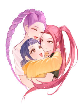 Rule 34 | 3girls, absurdres, blue hair, braid, brown eyes, closed eyes, forehead, highres, hug, kpop demon hunters, long hair, long sleeves, mira (kpop demon hunters), multiple girls, open mouth, pponnya, purple hair, red hair, rumi (kpop demon hunters), shirt, smile, twintails, white background, white shirt, yellow eyes, yellow shirt, zoey (kpop demon hunters)