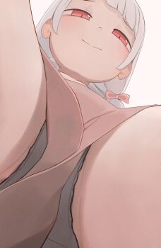 1girl closed_mouth commentary commentary_request from_below grey_panties highres hiroki_(yyqw7151) looking_at_viewer looking_down original panties panties_under_shorts partial_commentary pink_shorts red_eyes shorts smile solo underwear