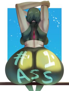 1girl arms_up artist_name ass ass_focus back blue_background blush bob_cut body_blush border breasts clothes_writing colored_skin commission crop_top ears english_text female_focus gardevoir gen_3_pokemon green_hair green_pants green_tank_top hand_on_own_elbow highres huge_ass large_breasts legs light_rays nintendo numbered pants pixiv_commission pokemon pokemon_(creature) presenting sana!rpg shiny_clothes shiny_skin short_hair signature sitting solo stretching tagme tank_top thick_thighs thighs white_border white_skin wide_hips yoga_pants