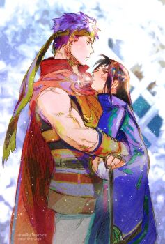 2boys artist_collaboration blush commentary draw_zero english_commentary facial_mark fire_emblem fire_emblem:_radiant_dawn forehead_mark glint green_headband headband height_difference highres ike_(fire_emblem) long_hair looking_at_another male_focus multiple_boys nintendo picnicic short_hair soren_(fire_emblem) twitter_username yaoi