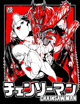 1boy absurdres belt black_border blood border chainsaw chainsaw_man copyright_name cowboy_shot denji_(chainsaw_man) fangs highres jamrolypoly male_focus monochrome multiple_views pochita_(chainsaw_man) pull_cord red_theme sharp_teeth teeth topless_male translation_request