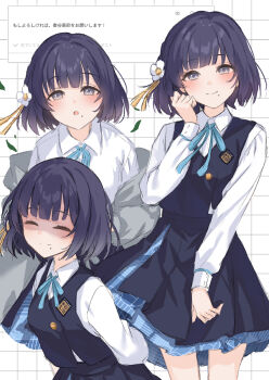 1girl blue_ribbon blue_skirt blue_vest blush closed_eyes closed_mouth collared_shirt commentary_request fan_request flower gakuen_idolmaster grey_jacket hair_flower hair_ornament hand_up hataya_misuzu hatsuboshi_gakuen_school_uniform highres idolmaster jacket kuramoto_beta-carotene long_sleeves looking_at_viewer mole mole_under_mouth multiple_views neck_ribbon overskirt pleated_skirt purple_eyes purple_hair request_inset ribbon school_uniform shaded_face shirt short_hair skirt smile tassel tassel_hair_ornament translation_request vest white_shirt