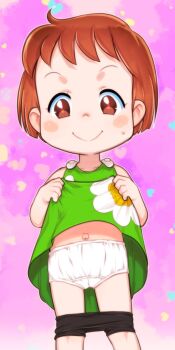 1girl bike_shorts bike_shorts_pull black_shorts brown_eyes brown_hair cameltoe character_request closed_mouth clothes_lift commentary_request commission copyright_request dress dress_lift feet_out_of_frame flat_chest green_dress heart highres lifting_own_clothes loli looking_at_viewer navel outie_navel panties short_hair short_shorts shorts skeb_commission smile solo standing straight-on teruki_kuma toddlercon underwear very_short_hair white_panties