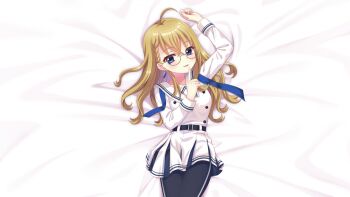 1girl ahoge arm_up belt black_belt black_leggings blonde_hair blue_eyes blue_ribbon braid breasts buttons collarbone cowboy_shot crossed_legs dot_nose double-breasted dress earrings fang film_grain floating_earrings from_above furumi_chie game_cg glasses index_finger_raised izumi_tsubasu jewelry leggings long_hair long_sleeves looking_at_viewer lying medium_breasts non-web_source official_art on_back open_mouth re:stage! ribbon sailor_collar school_uniform single_braid skin_fang smile solo white_dress white_sailor_collar