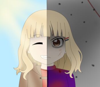 1girl bags_under_eyes blonde_hair blood blood_from_forehead blood_on_clothes bullet_hole chittatos commentary english_commentary jacket oomuro_sakurako open_clothes open_jacket scar scar_on_face self-upload smile solo split_screen sunlight sweater yuruyuri