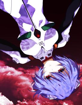 1girl ayanami_rei bodysuit cloud hair_between_eyes headgear highres insomnia_(insomnia_plus) looking_at_viewer neon_genesis_evangelion parted_lips purple_hair red_eyes red_sky short_hair sky solo upper_body white_bodysuit